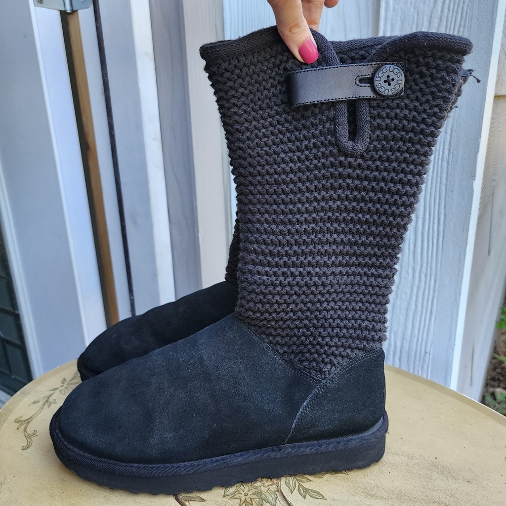 UGG US 10 Black Knit Shaina Tall Preppy Y2K Boots 2000s Retro Sheepskin Lined
